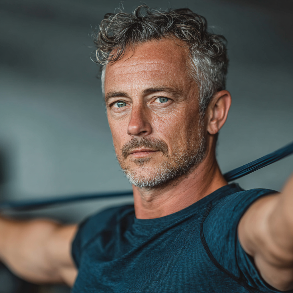 A confident man in his early 50s with salt-and-pepper hair doing resistance band exercises in a well-lit fitness studio, wearing a dark blue athletic shirt, focused expression while performing arm stretches