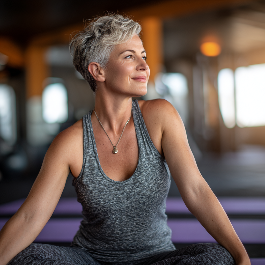 A fit woman in her late 40s with short gray hair performing a stretching exercise in a bright modern gym, wearing comfortable athletic wear, smiling confidently while maintaining a yoga pose on a purple mat